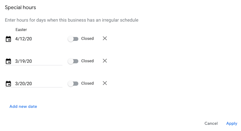 google my business special hours