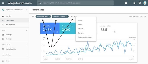 google search console performance filters