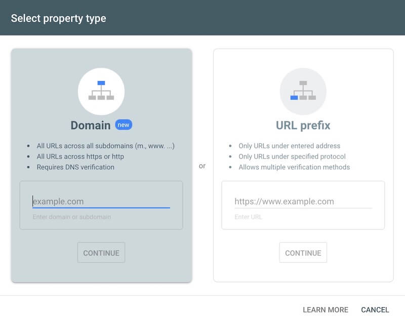 select property type in google search console